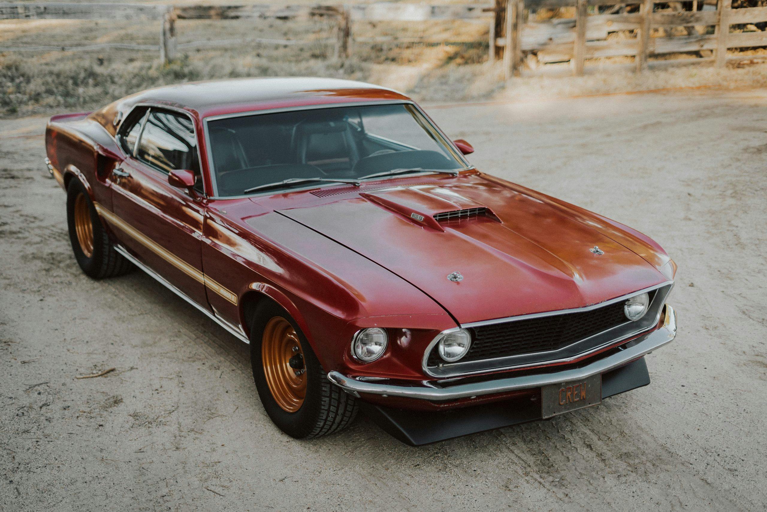 1969 Ford Mustang Mach 1 three quarter on dirt pull-off
