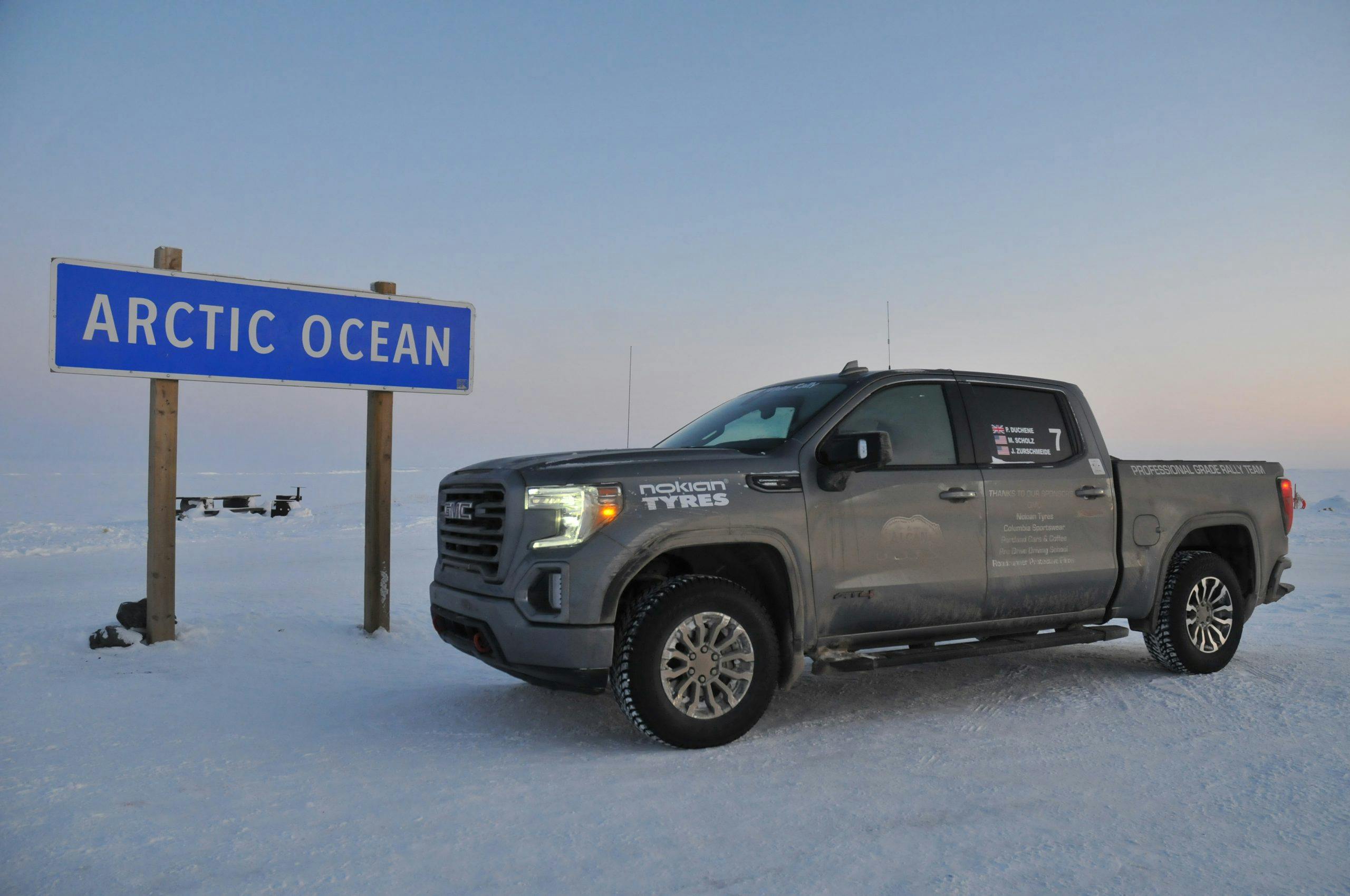 2020 GMC Sierra front three-quarter arctic ocean sign