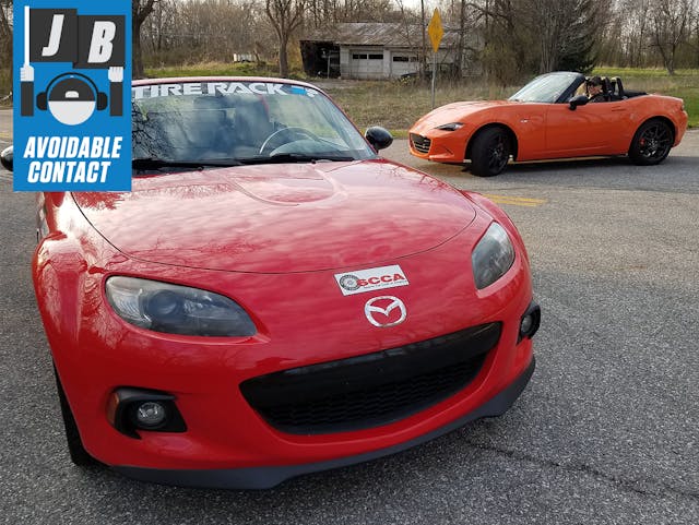 red mazda miata nc in front with orange miata nd behind