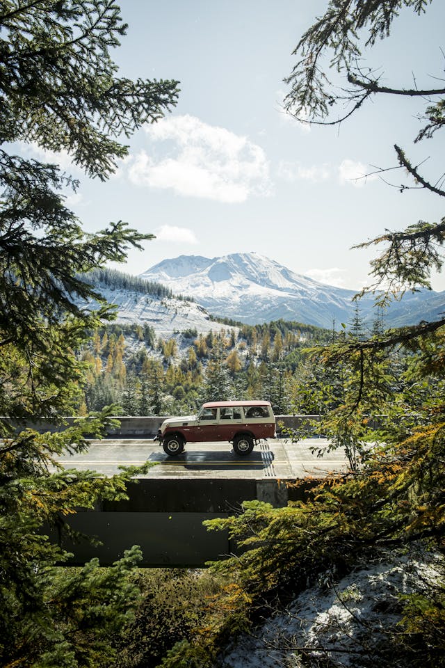 FJ55 Land Cruiser Side Profile Action With Mountain Peak Background