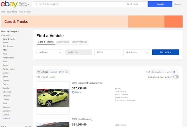 ebay landing page of car listings