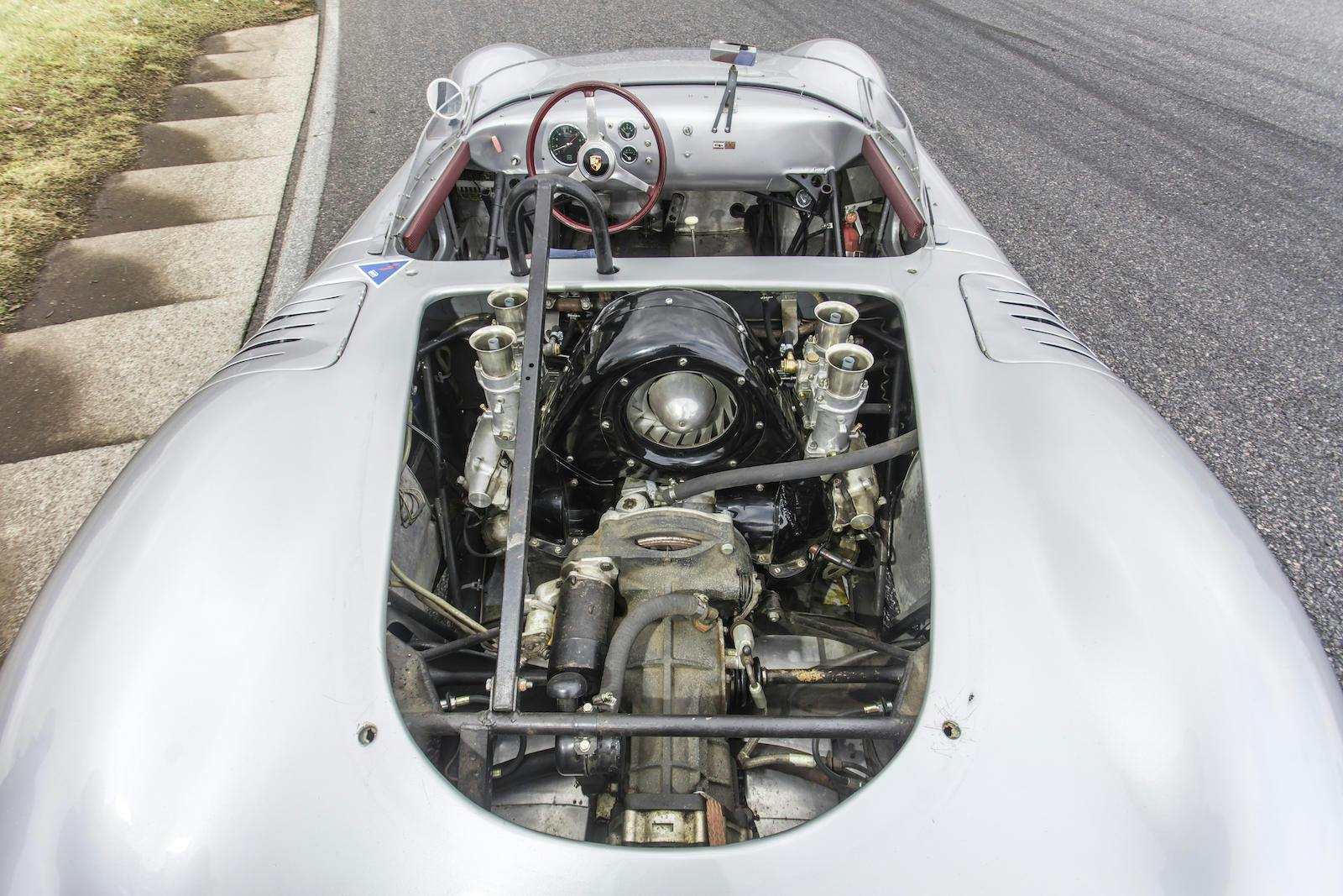 Silver Porsche 718 RSK Spyder Race Car rear engine