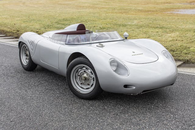 silver Porsche 718 RSK Spyder front three-quarter