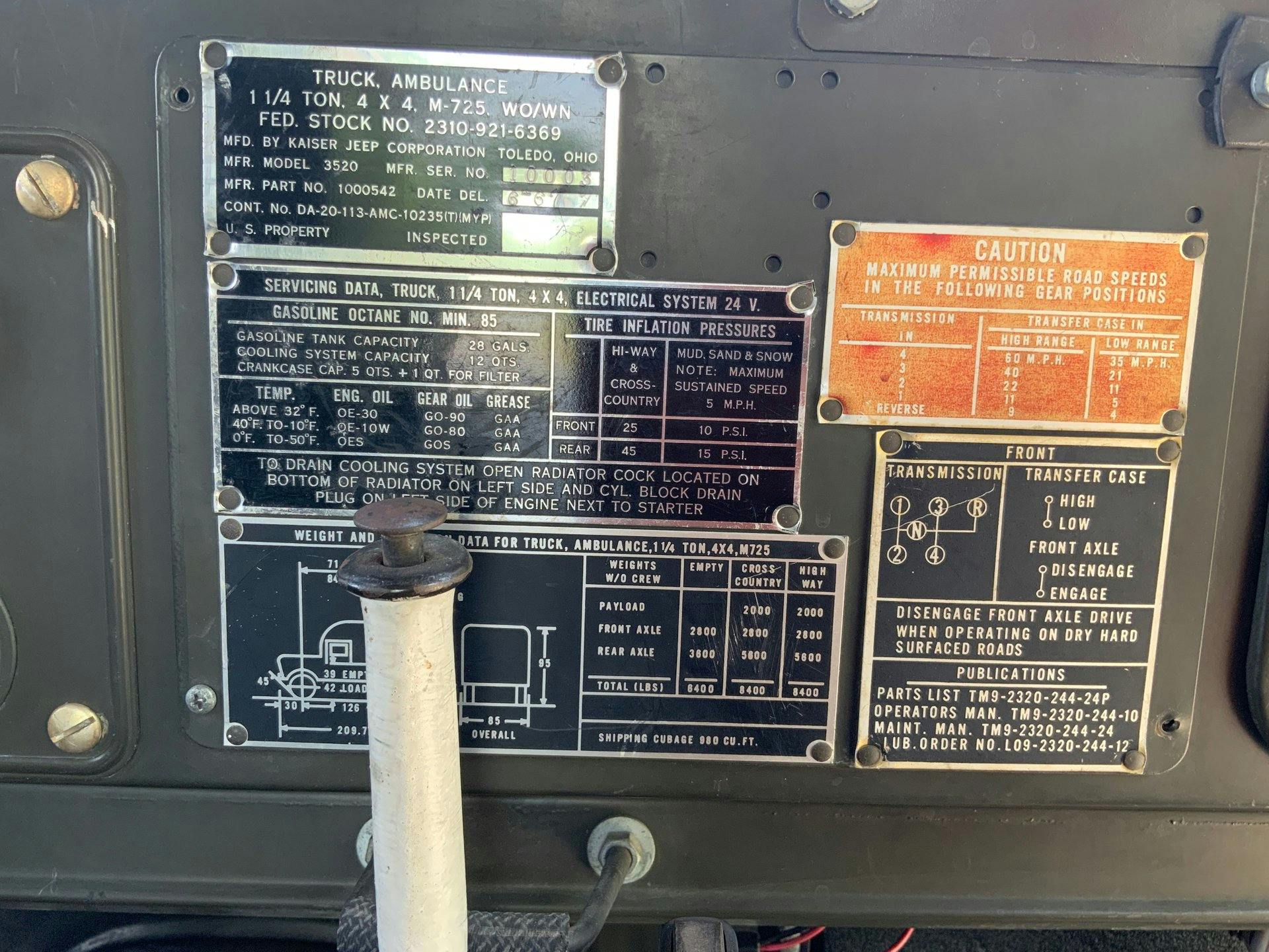 1967 Jeep M725 Ambulance Info Placards