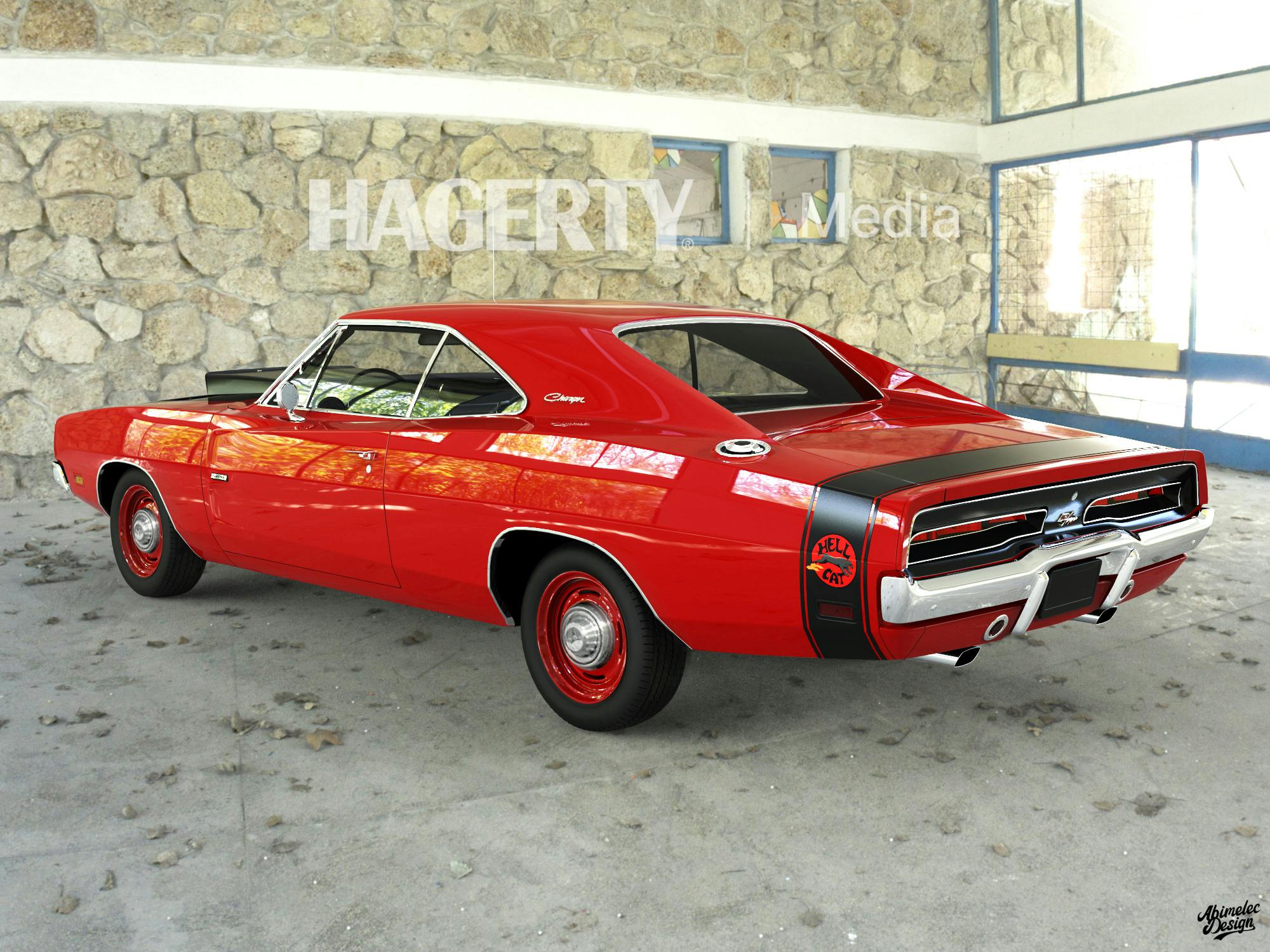 69 Charger Hellcat Red Rear Three-Quarter
