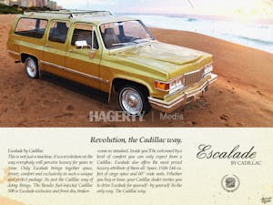 gold Cadillac Escalade 1977 VI front three-quarter ad