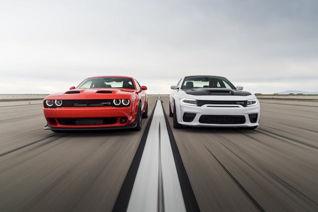 2020 Dodge Challenger SRT Super Stock (left) and 2021 Dodge Char