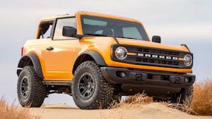 Orange 2021 Ford Bronco two-door front three-quarter