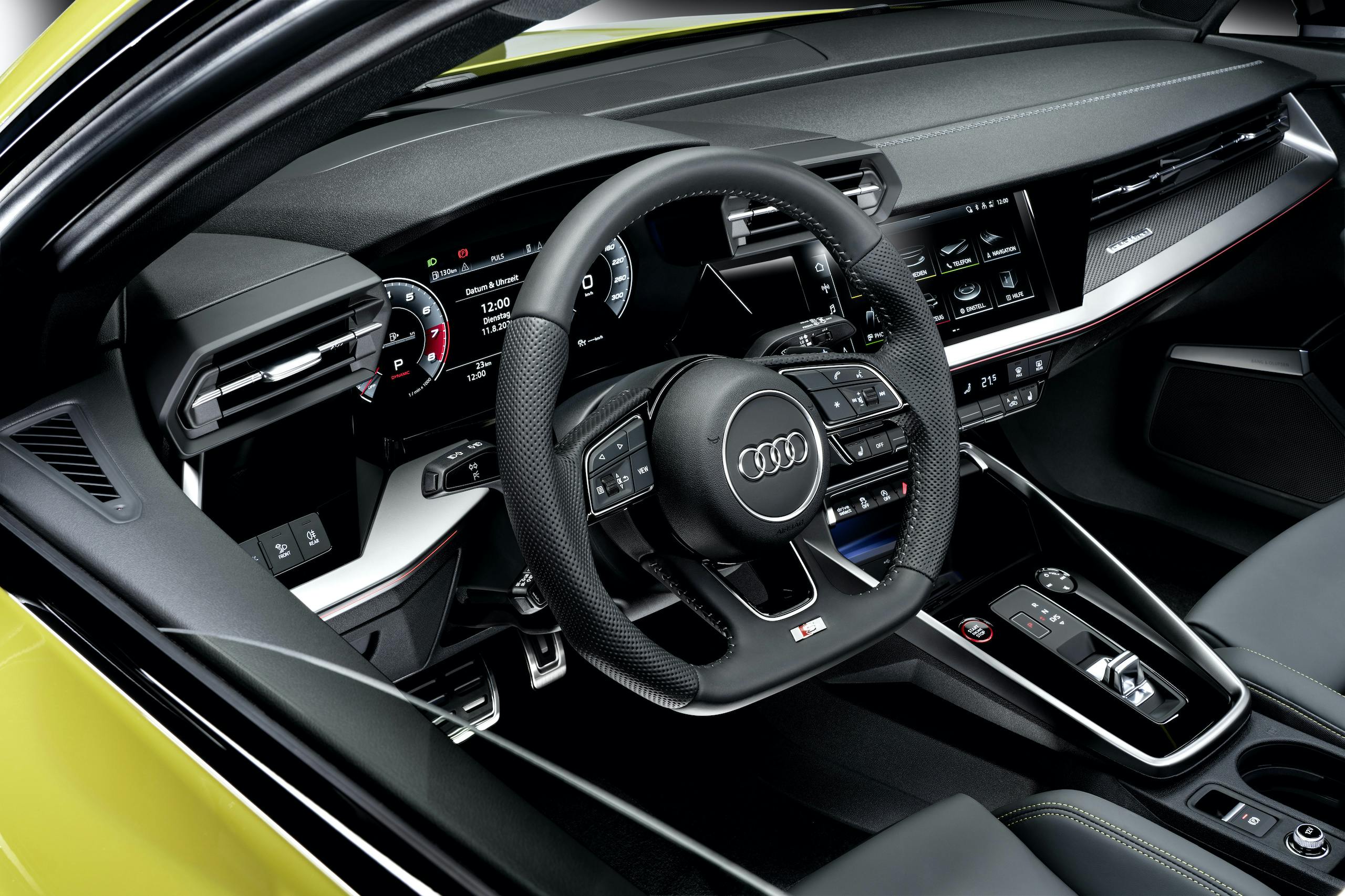 Audi S3 Sportback python yellow black leather interior front angle