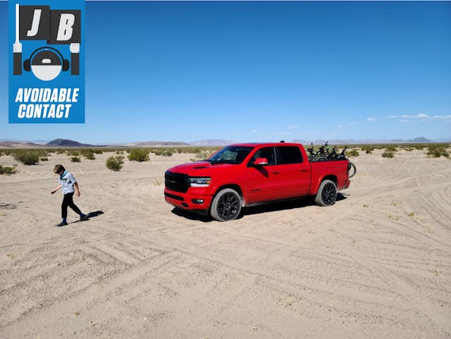 Avoidable Contact Red Ram TLX with bikes and boy in desert