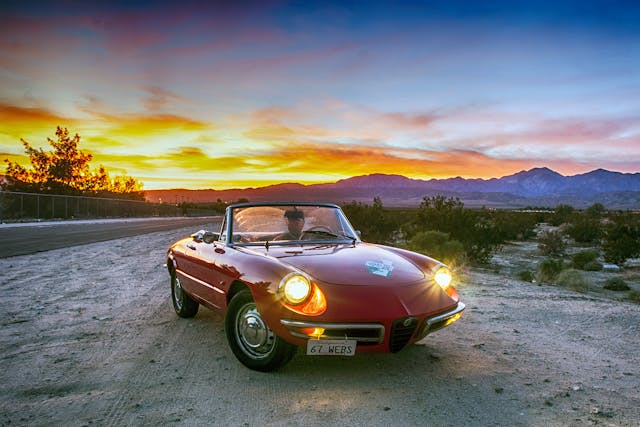 vintage 1967 alfa romeo duetto front three-quarter sunset