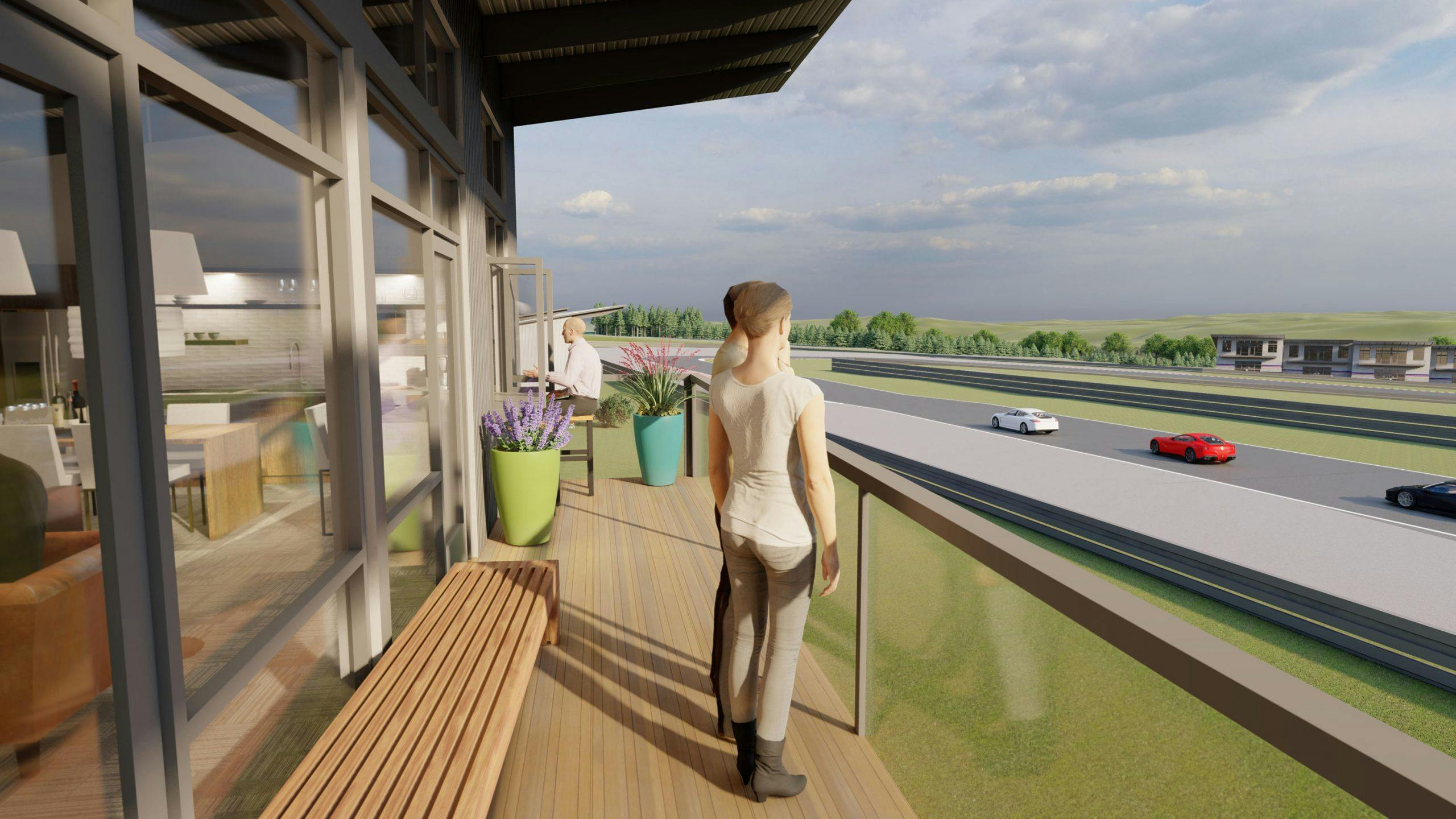 Autominiums condo rendering porch overlooking track