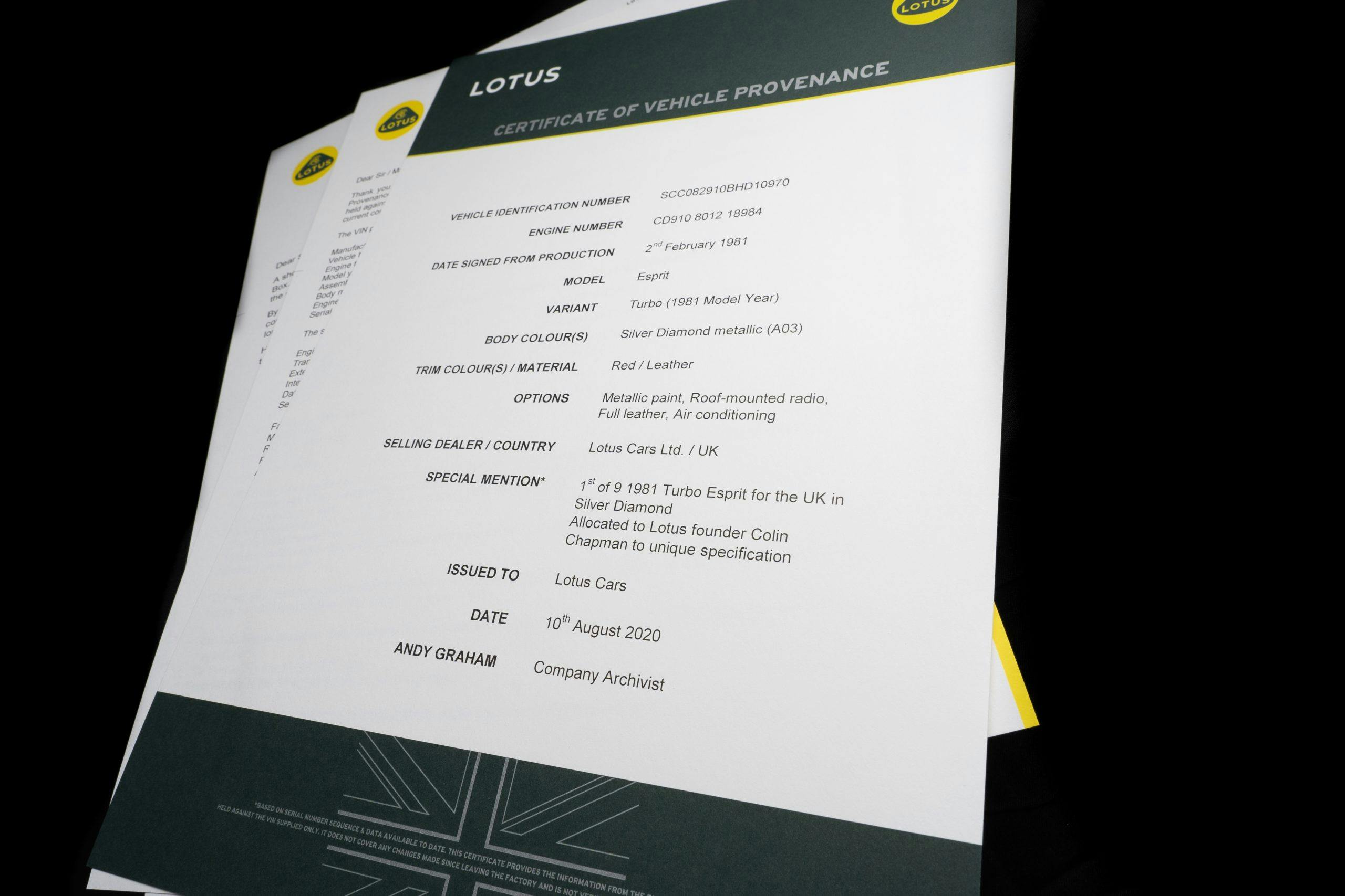 Lotus Esprit specs provenance certificate
