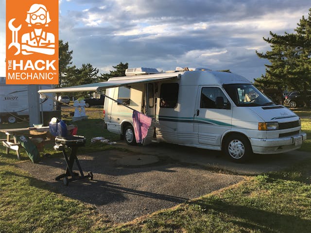 RV Adventures front three-quarter awning out