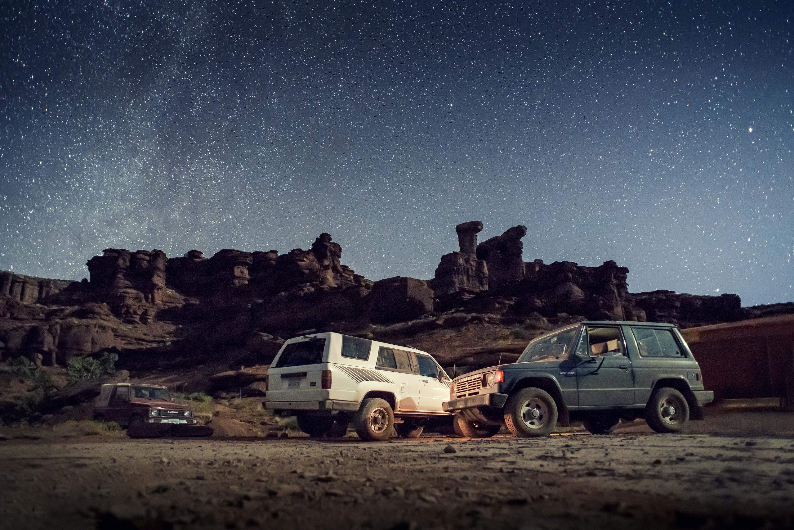 Mitsubishi Montero Suzuki Samurai Toyota 4Runner Canyonlands Moab Utah under stars
