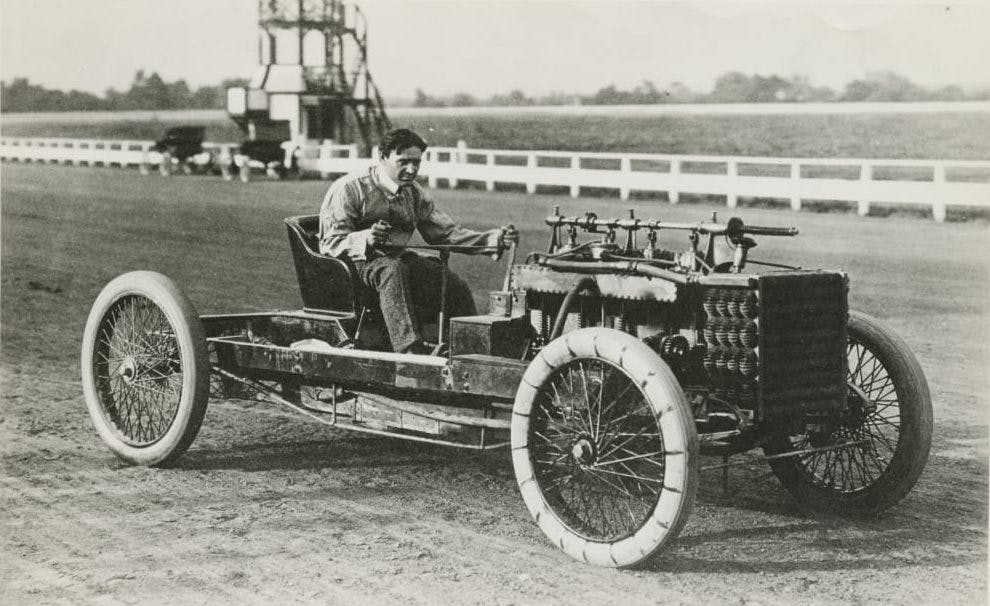 barney oldfield behind wheel of 1902 Ford 999 Race Car