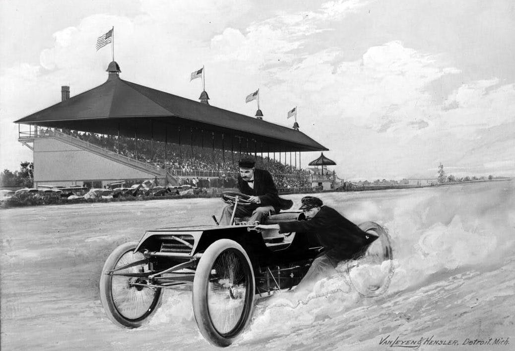 Composite Image Depicting Henry Ford and Spider Huff Driving the Sweepstakes Racer at Grosse Pointe Racetrack 1901