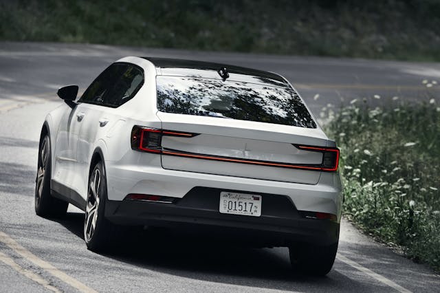 Polestar 2 rear three-quarter close dynamic road action