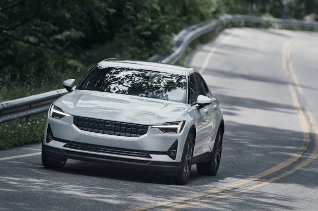 Polestar 2 front three-quarter close dynamic road action