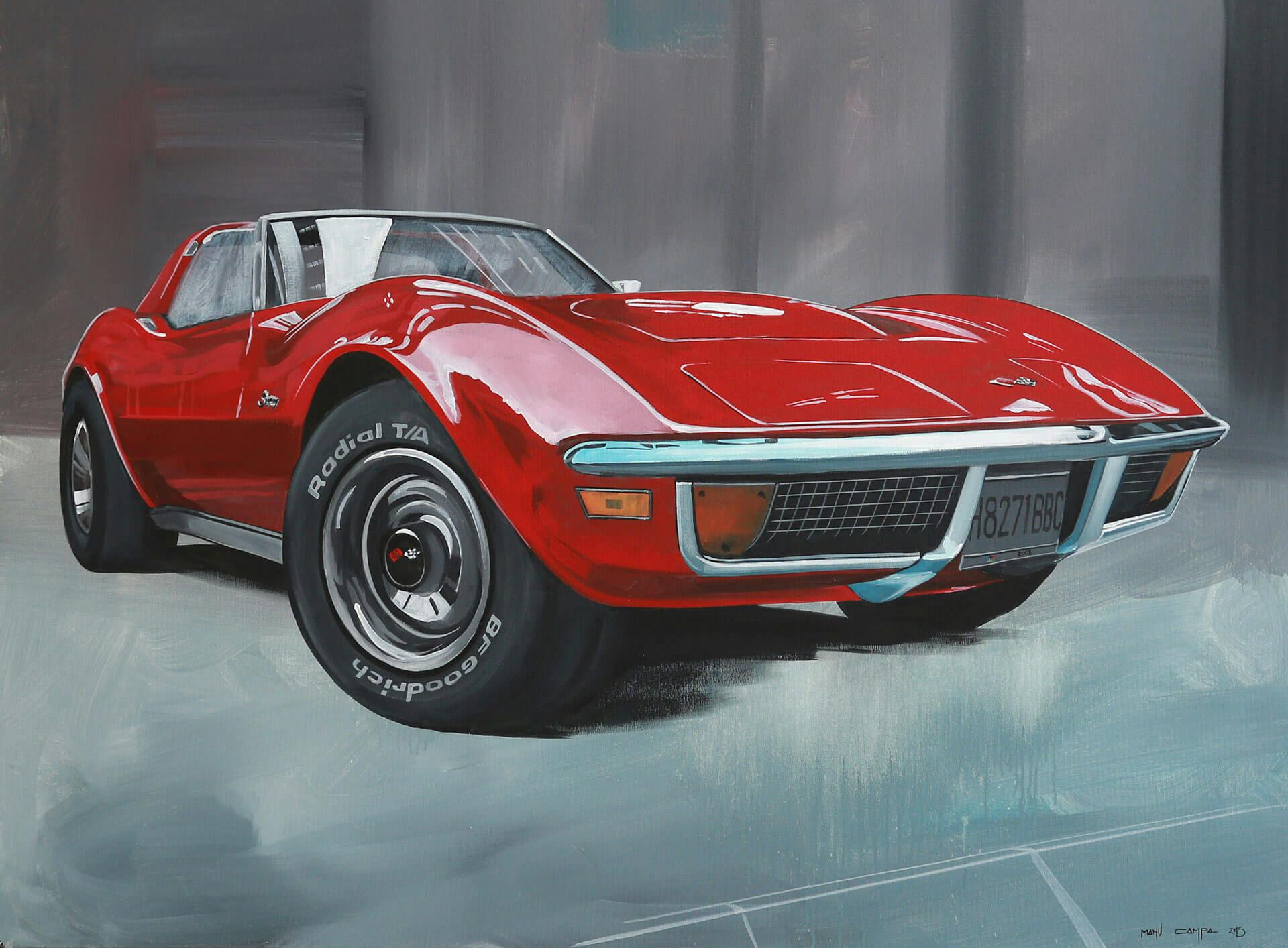 red corvette front three-quarter retro graphic art painting