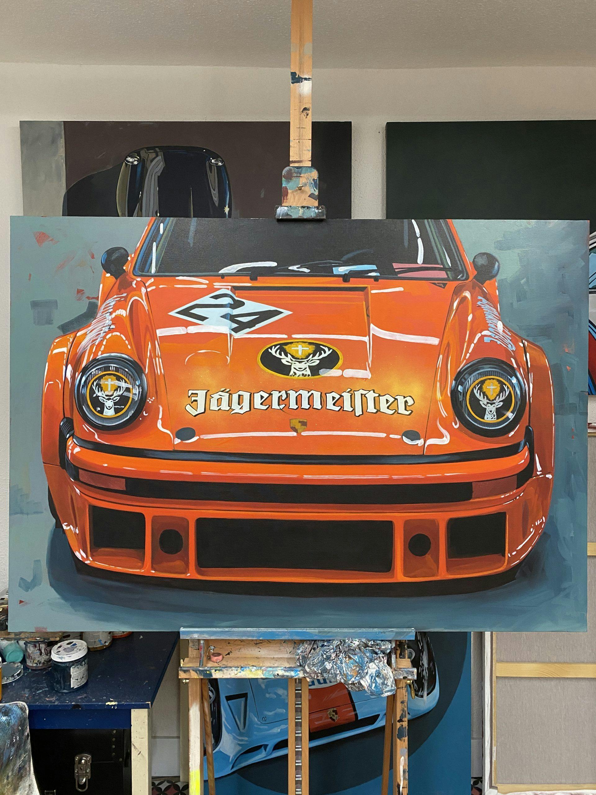 motorsport porsche graphic art painting in jagermeister livery