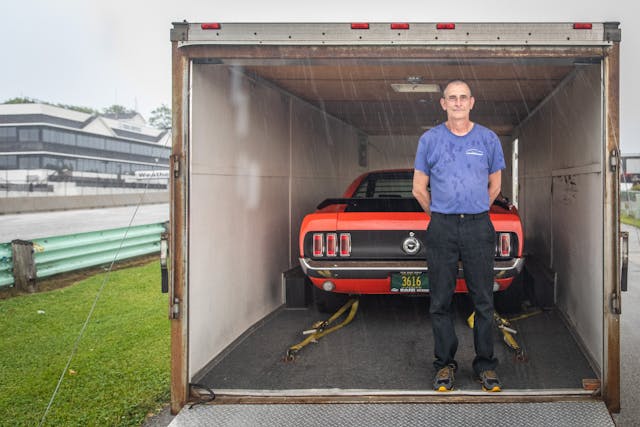 vintage boss 302 in trailer during rain