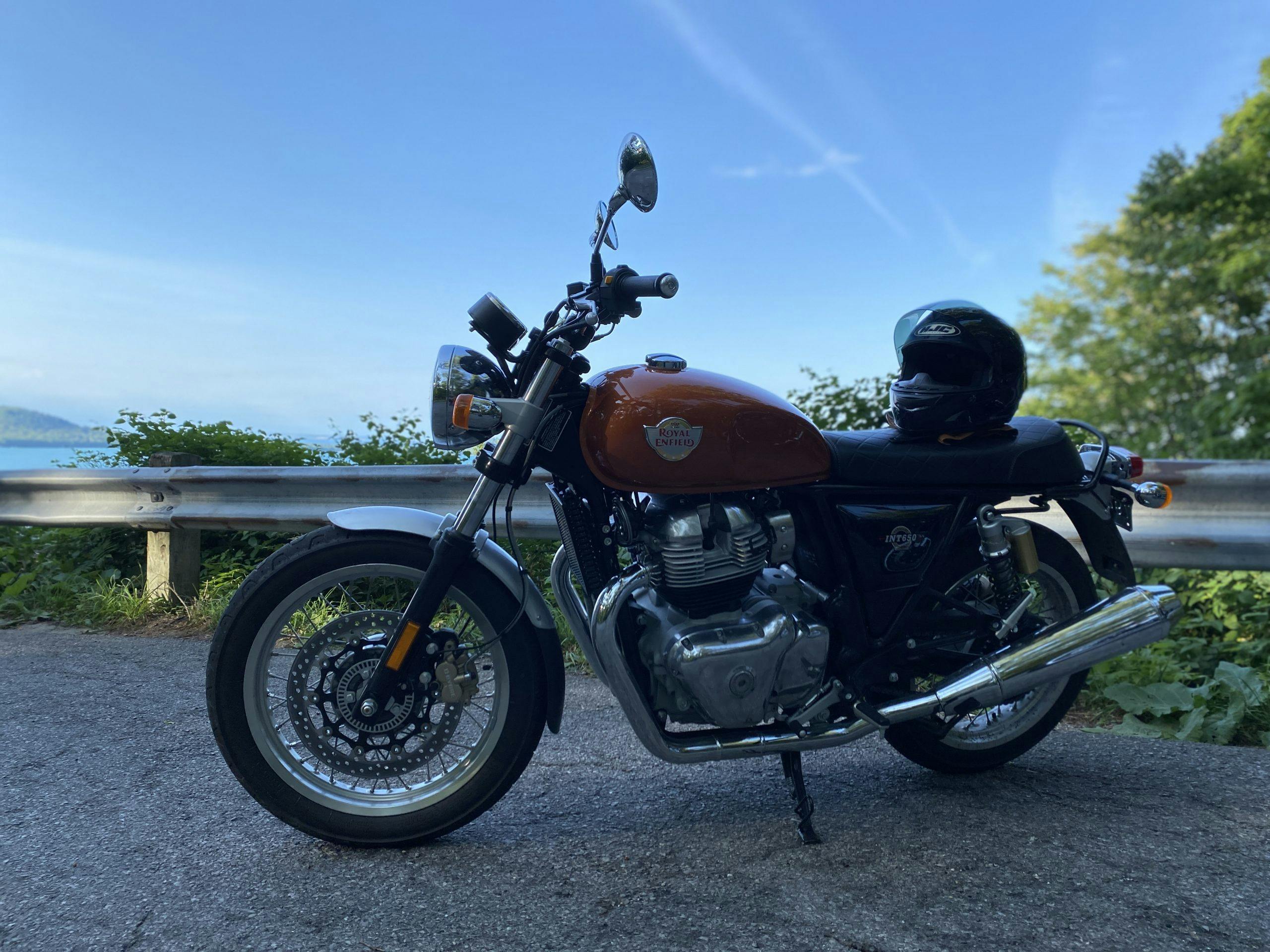 Royal Enfield INT650 at scenic overlook full bike