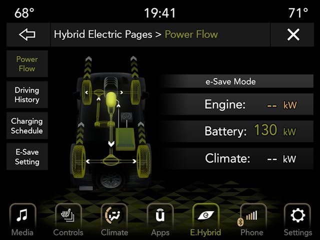 The Hybrid Electric Pages in the 2021 Jeep Wrangler 4xe tracks driving history, showing usage by battery and engine power.