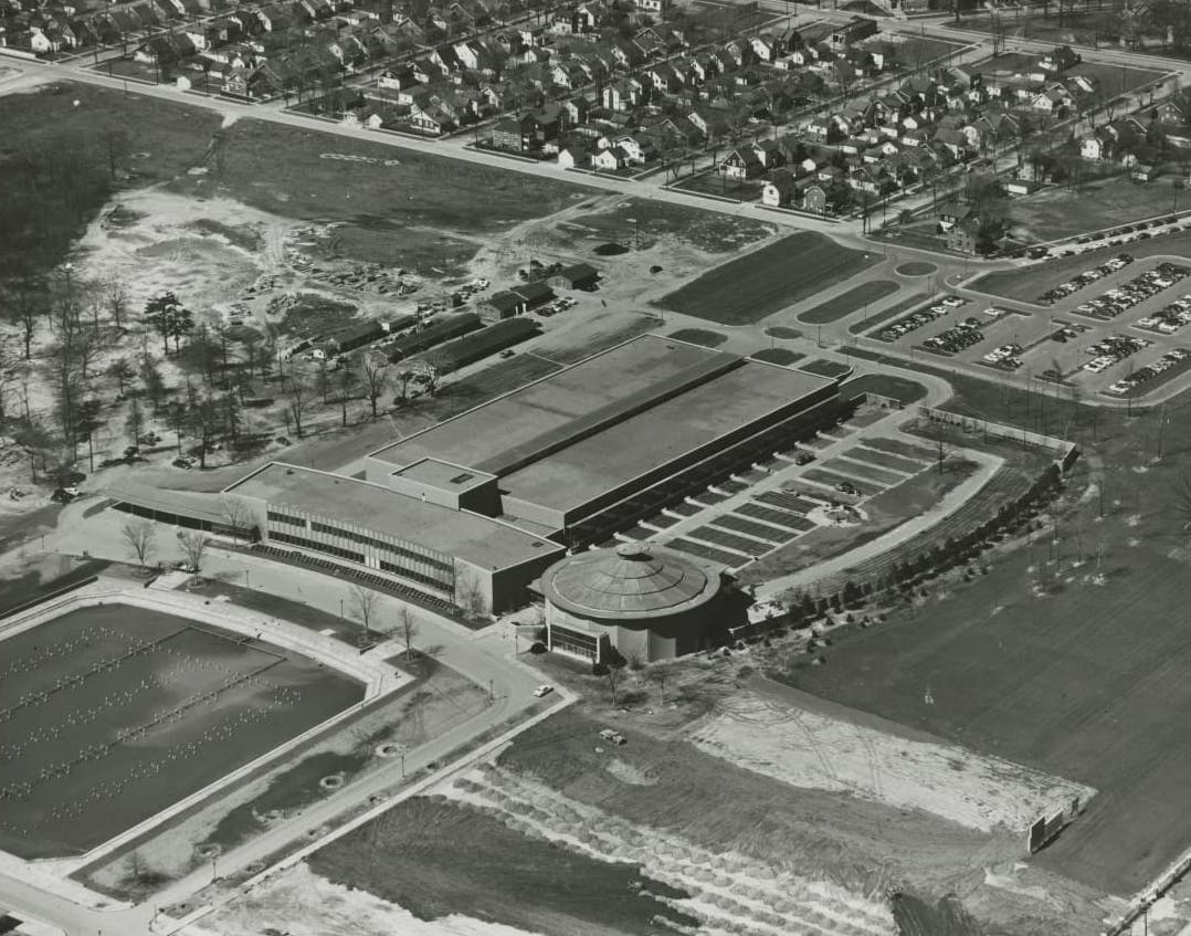 product development grounds 1953 aerial birds eye view