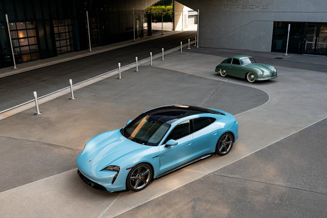 1950 porsche 356 1-1-liter coupe in radium green with 2020 porsche taycan turbo s