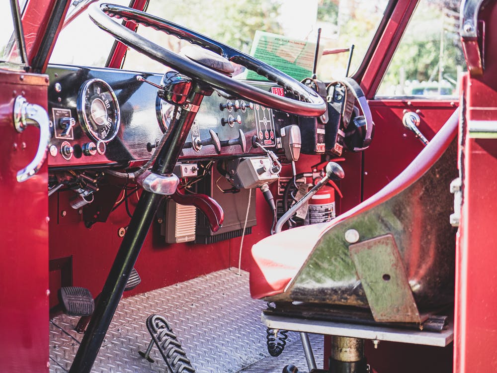 vintage firetruck cab interior front