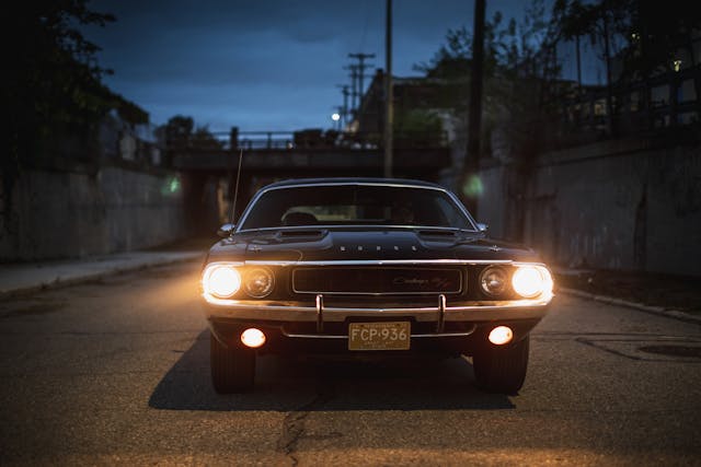 1970 Challenger front headlights at night