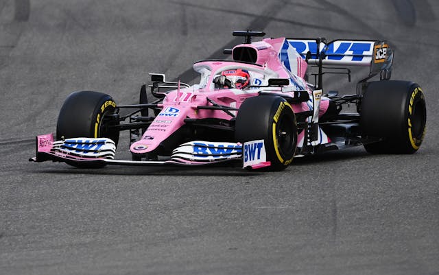 Sergio Perez driving pink racing point car
