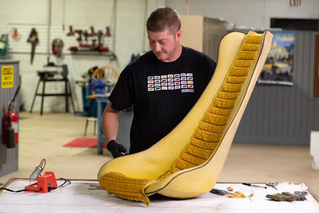 HVA - The Conservator’s Mindset - Barris Fun Buggy upholstery repair - Collin Howard showing the repaired seat