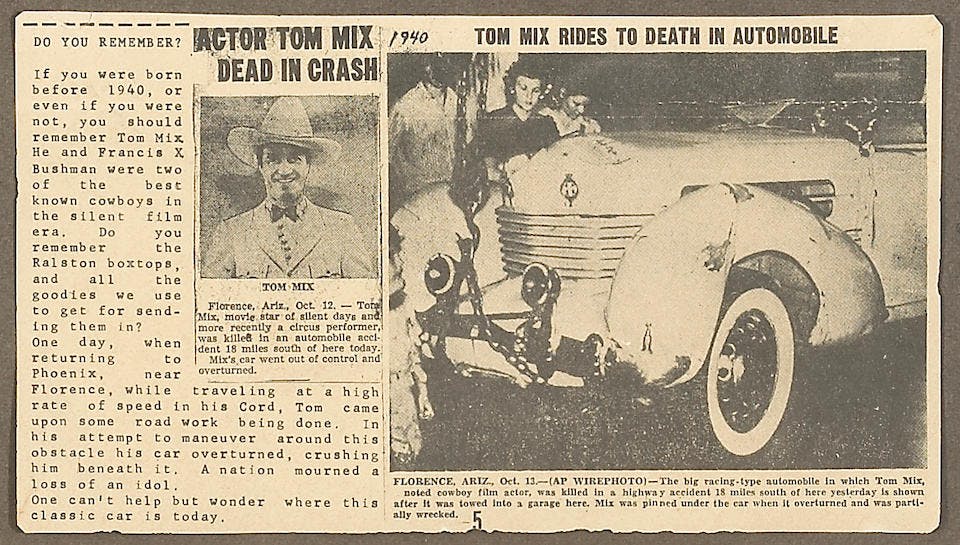 Tom Mix - newspaper story 1937 Cord crash