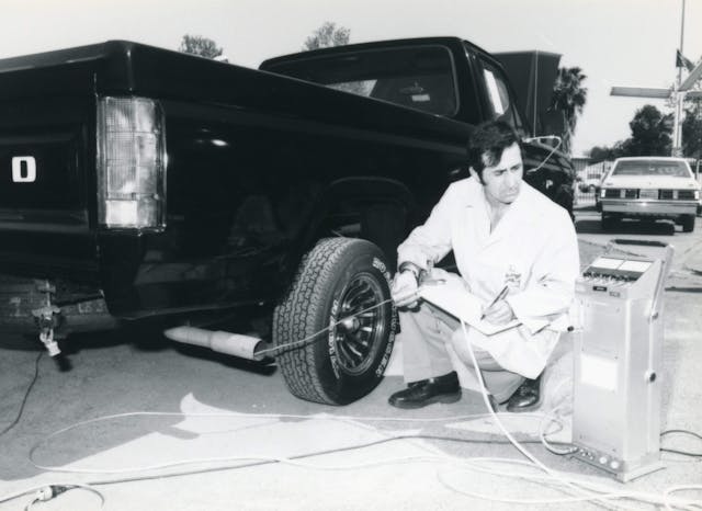 CARB staff checks tailpipe emissions of a Ford truck.