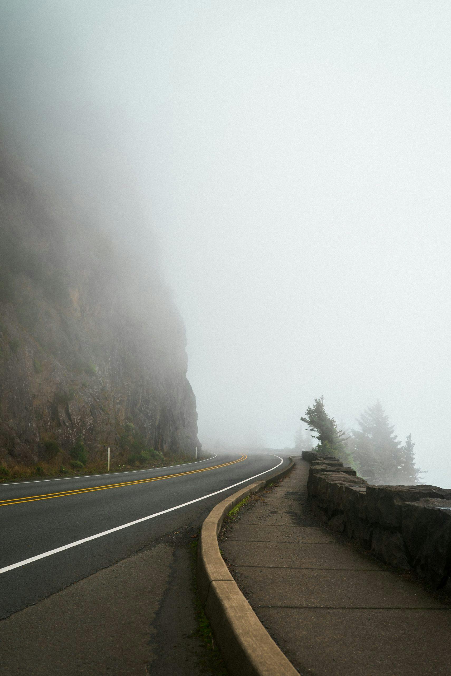 pacific northwest winding foggy road