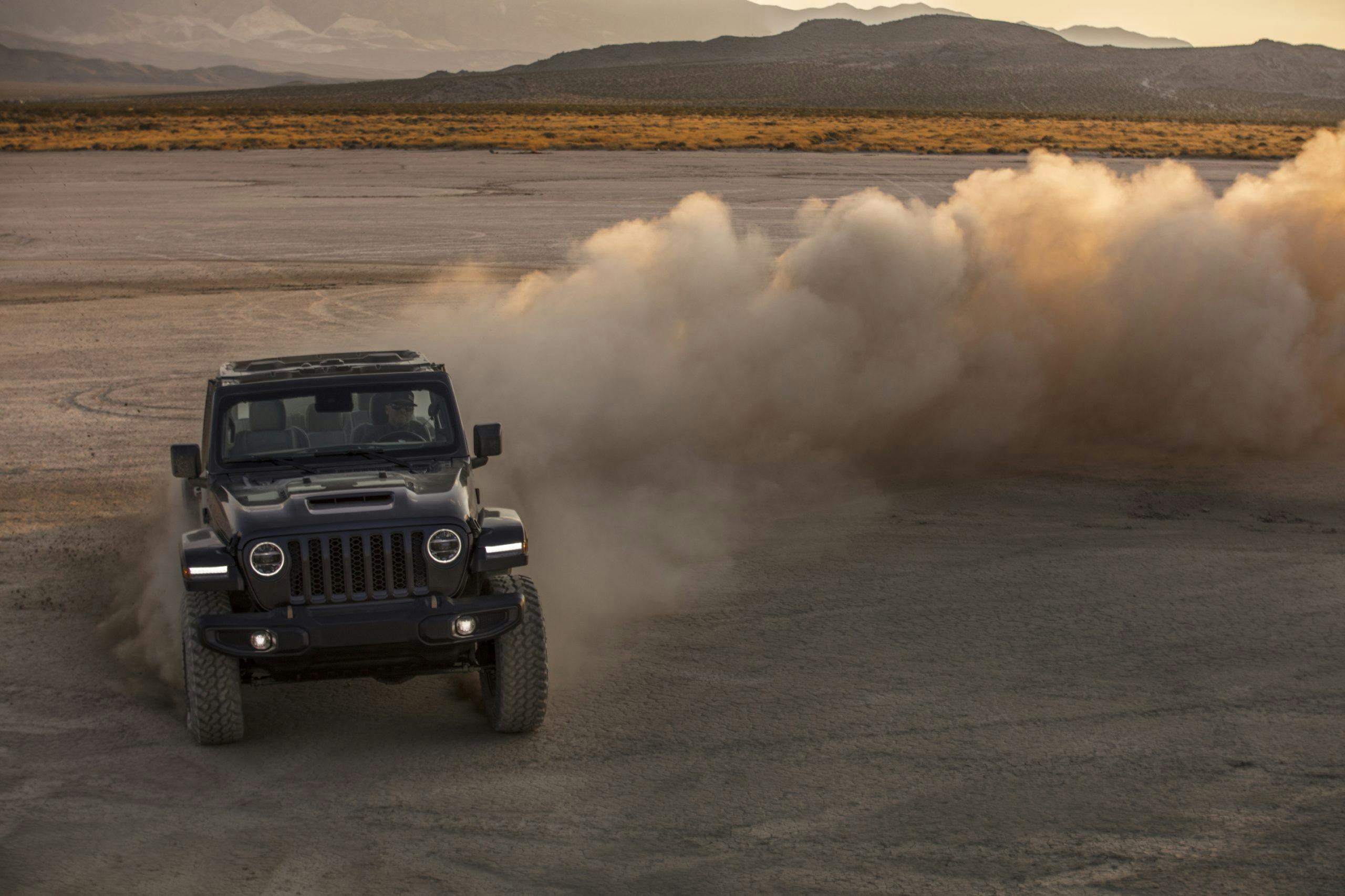 2021 Jeep Wrangler Rubicon 392 gray making dust clouds