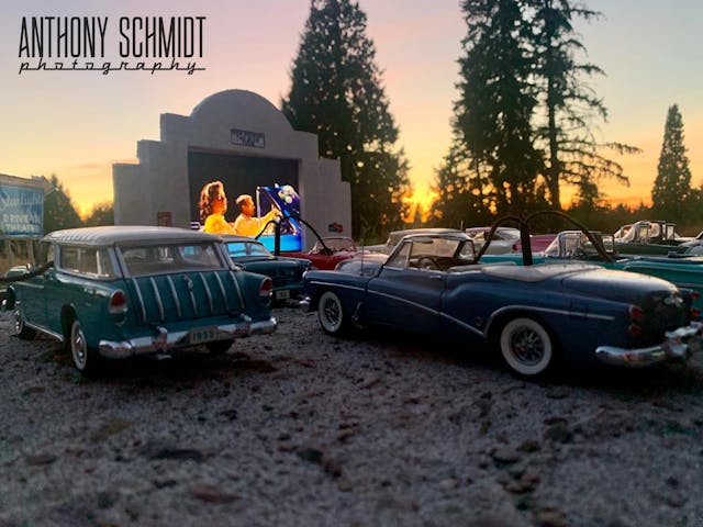Anthony Schmidt vintage model cars at outdoor movie theatre