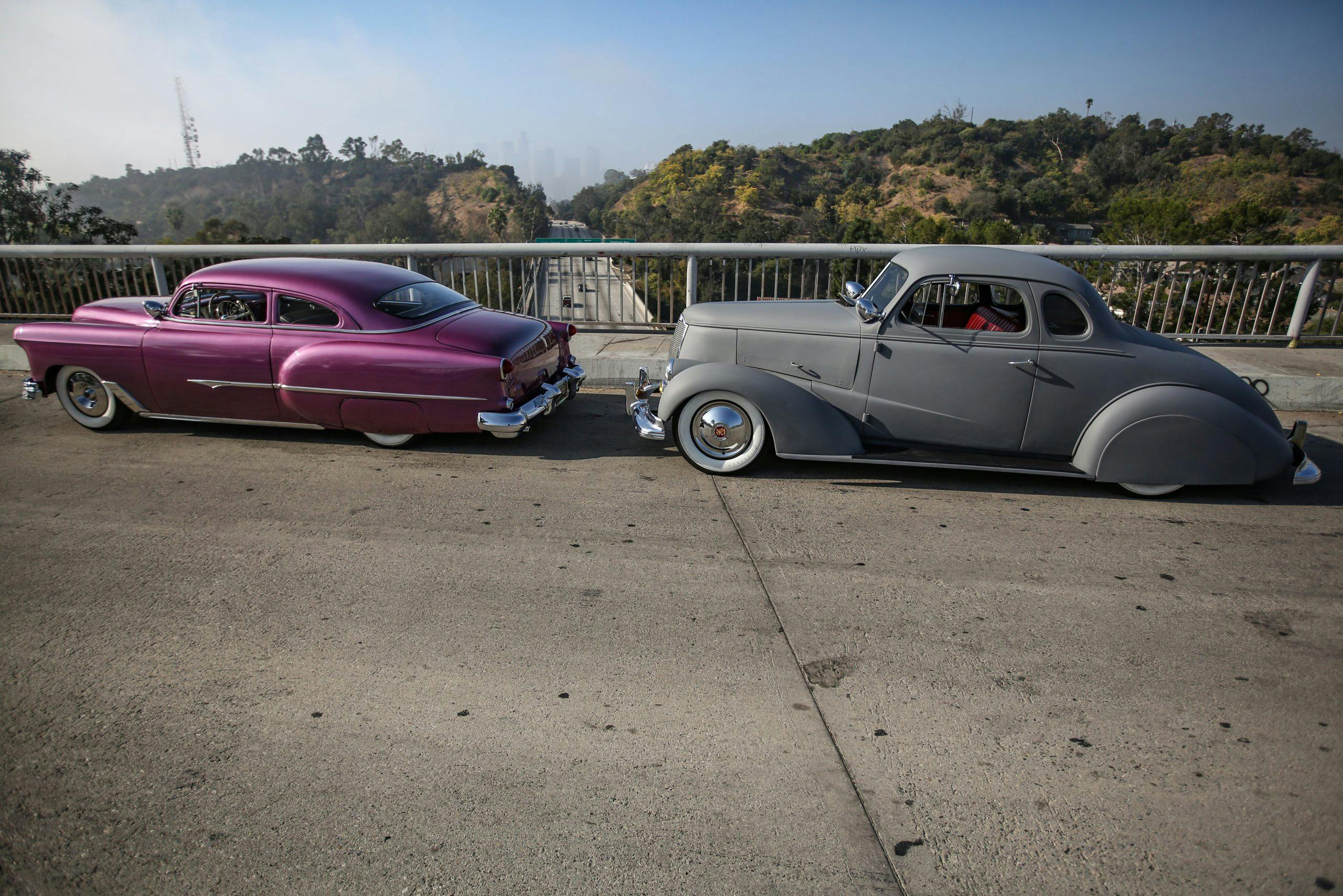 Coulter Jacobs hot rods on highway overpass