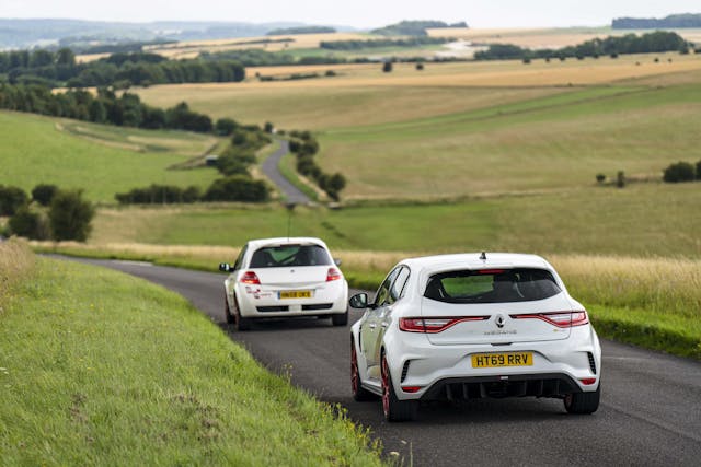 Renault Megane R26R and Trophy R together country road action rear