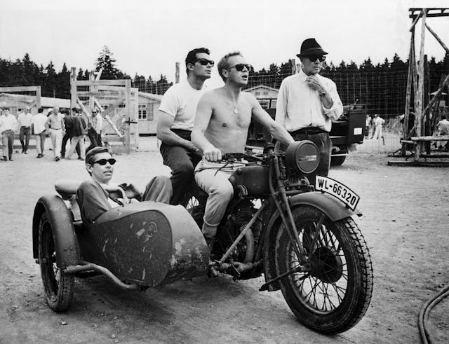 Steve McQueen on Motorcycle with James Garner James Coburn