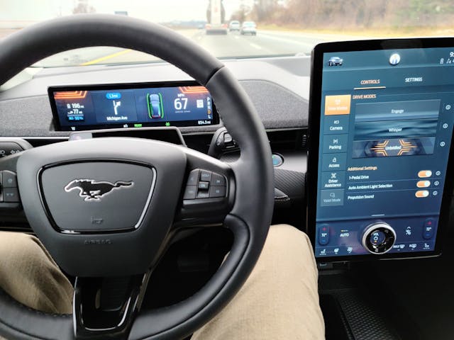 2021 Ford Mustang Mach-E steering wheel and infotainment