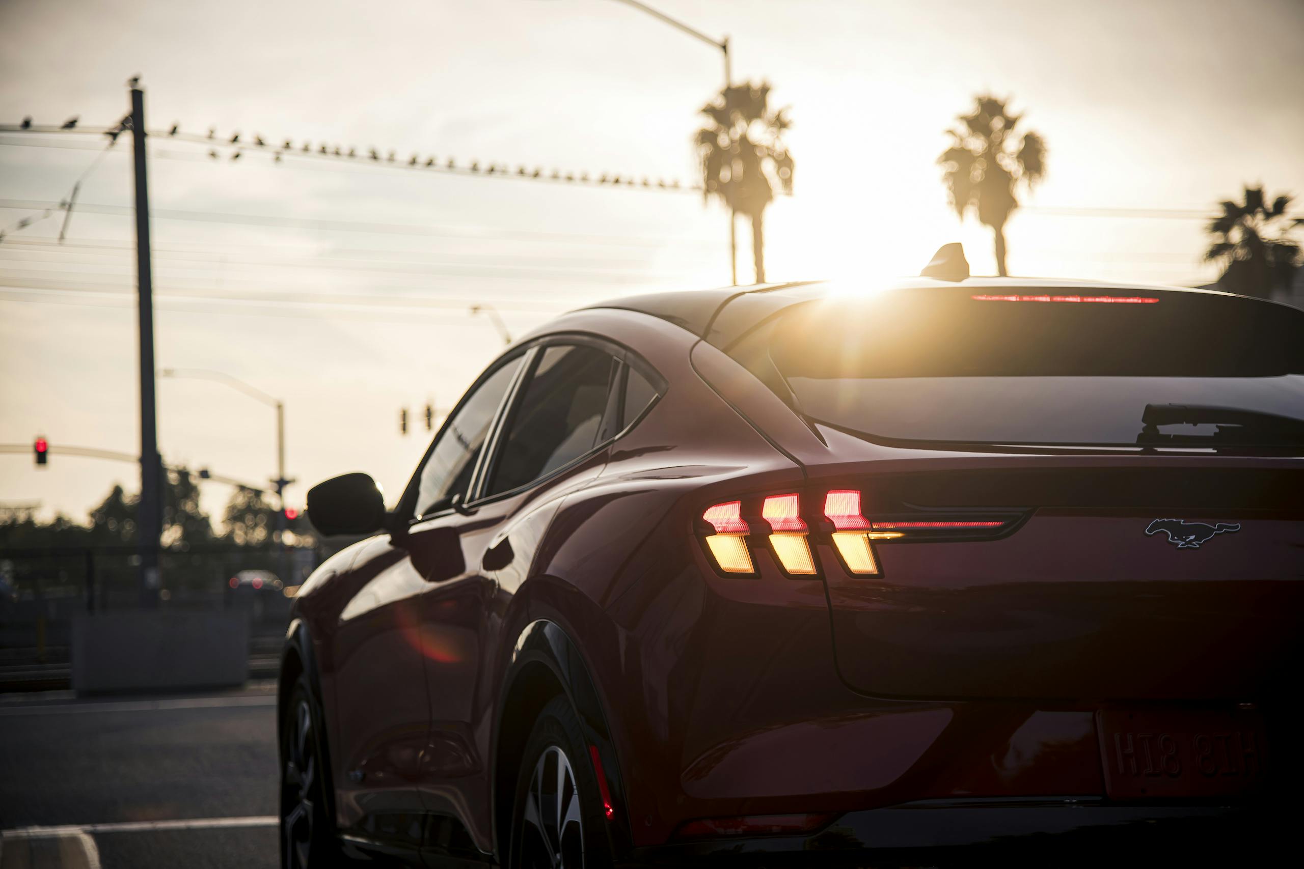 Mustang Mach-E rear three-quarter close at sunset