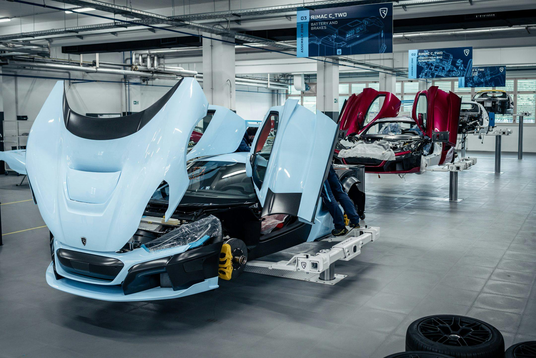 Rimac C_Two assembly line front three-quarter
