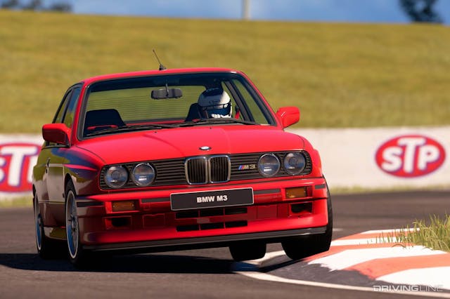 gran turismo red bmw m3 race car front clipping apex graphic action