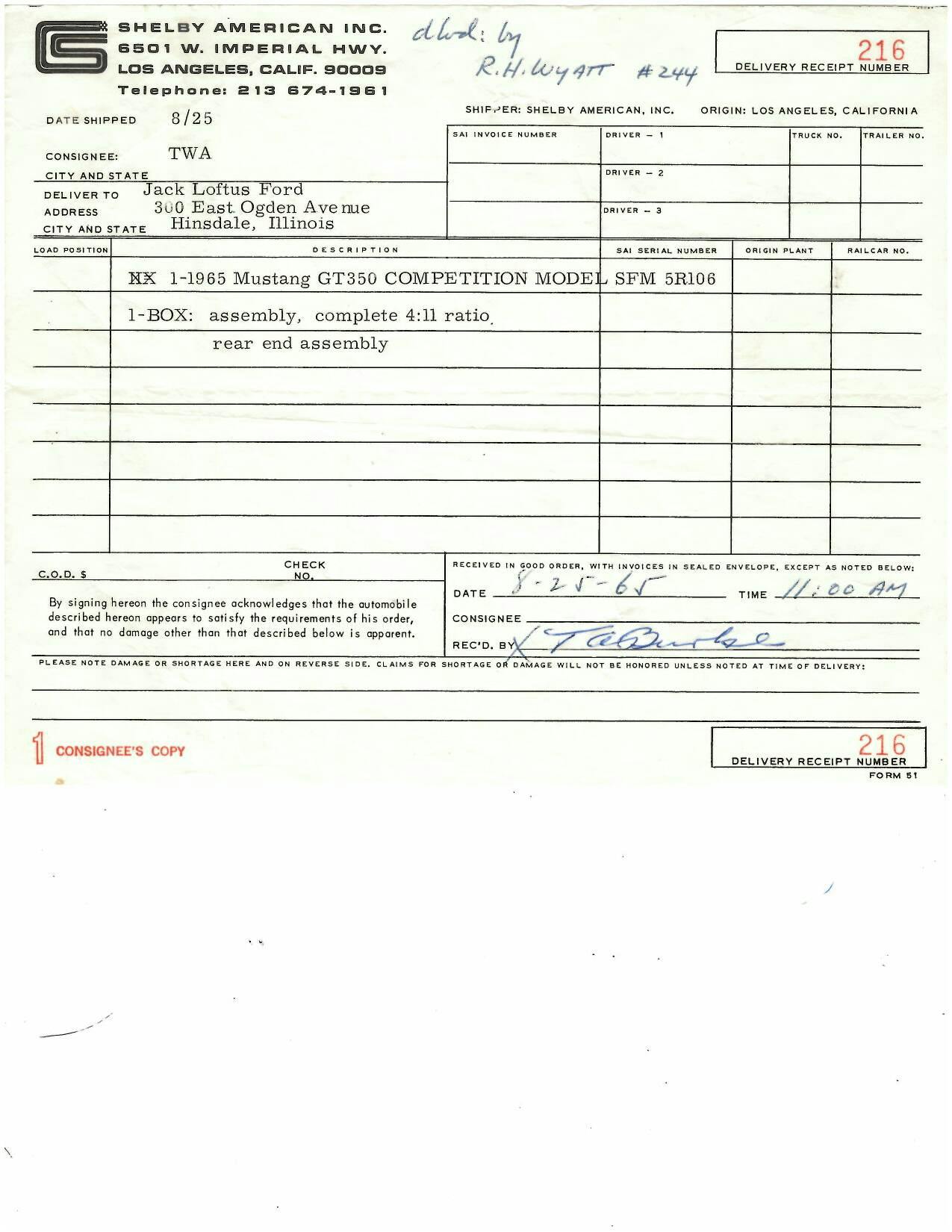 Shelby GT350R Fastback invoice