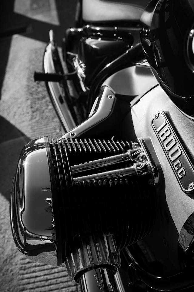 BMW R 18 motorcycle 1800 cc engine side detail black white