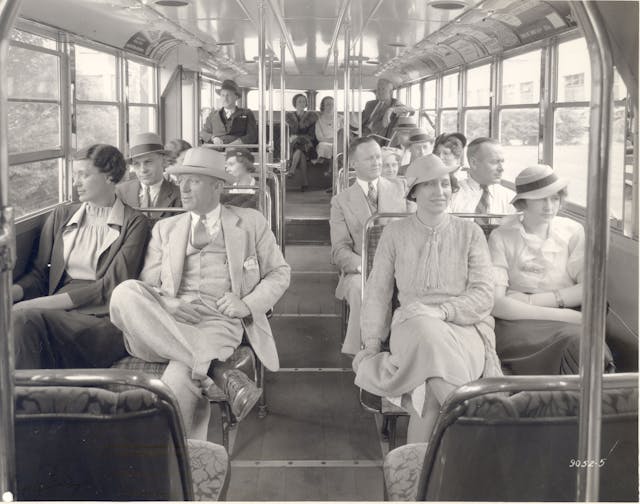 double decker bus interior during world war two era