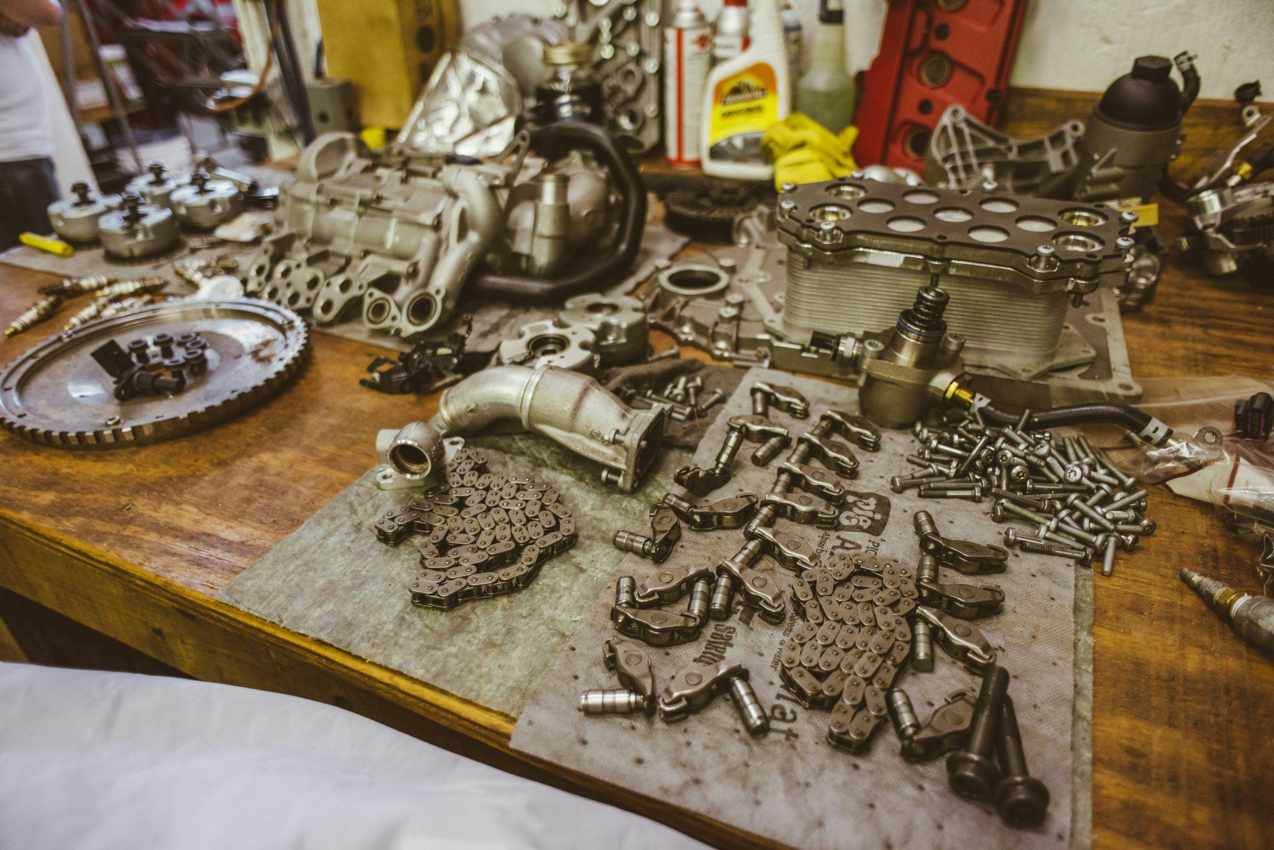 Kettler Motorsport Shops engine parts on table